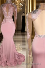Trumpet/Mermaid High Neck Sweep Train Jersey Evening Prom Dress With Appliques Lace