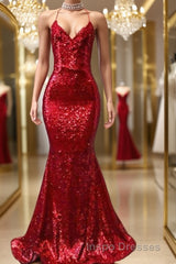 Trumpet/Mermaid Spaghetti Straps Sweep Train Sequins Evening Prom Dress