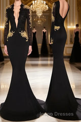 Trumpet/Mermaid V-neck Chapel Train Jersey Evening Prom Dress With Appliques Lace