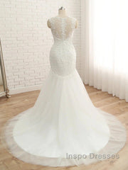 Trumpet/Mermaid V-Neck Sleeveless Applique With Sequin Tulle Court Train Wedding Dress