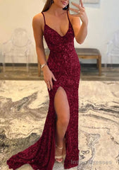 Trumpet/Mermaid V Neck Sleeveless Sweep Train Allover Sparkly Sequined Prom Dresses With Split
