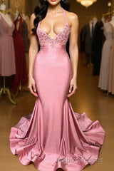 Trumpet/Mermaid V-neck Sweep Train Charmeuse Evening Prom Dress With Appliques Lace