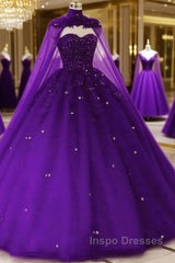 Tulle Dark Purple Quince Dress Ball Gown Wedding Dress With Cape