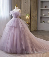 Tulle Floral Ball Gown Princess Lavender Evening Prom Dress