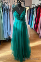 Tulle Skirt Dark Blue Prom Dresses With V-Neckline