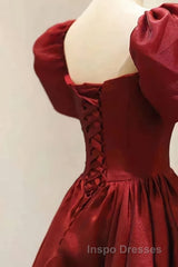 Burgundy A Line Long Evening Prom Dress with Short Sleeves, New Party Gown