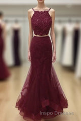 Two Pieces Halter Neck Mermaid Tulle Maroon Evening Prom with Beadings, Maroon Formal, Evening Prom