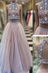 Two Pieces High-Neck Beaded Tulle Long  Champagne Evening Prom Dress, Evening Dress