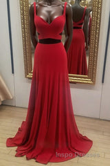 Two Pieces Red Long Evening Prom Dress, 2 Pieces Red Long Formal Evening Dress