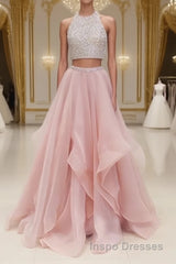 Two Pieces Round Neck Sequins Long Pink Evening Prom Dress, Pink Evening Dress