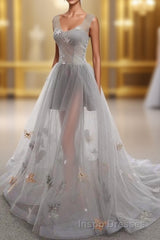 Gray Long Evening Prom Dress with Butterfly, New Arrival Unique Evening Prom Dress
