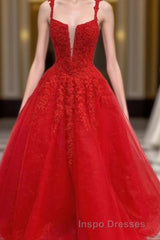 Red Tulle Lace A Line Formal Evening Prom Dress Appliques Long Evening Prom Dress