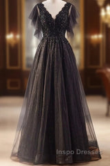 Unique And Beautiful Black Beaded Short Sleeved Sequin Ball Dress With Black A-Shaped Princess V-Neck Backless Chiffon And Floor Length Evening Dress