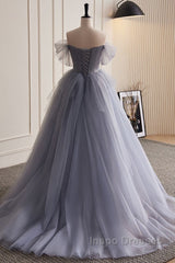 Unique And Beautiful Silver Gray Beaded Pearl Sequins Off The Shoulder Sleeveless Decal Pleated Ball Dress Silver Gray A-Shaped Thin Gauze Pong Truffle Back Strap And Ground Length Evening Prom Dress