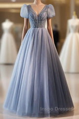 Unique And Beautiful Sky Blue Beaded Rhinestone Fluffy Short Sleeved Ball Dress With Sky Blue A-Shaped Princess V-Neck Backless Strap And Ground Length Evening Dress