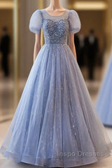 Unique And Beautiful Sky Blue Low Round Neck Short Sleeved Beaded Sequin Ball Dress With Sky Blue A-Line/Princess Backless Strap And Ground Length Evening Dress