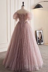 Unique And Elegant Dark Pink Sequin Off The Shoulder Short Sleeved Ball Dress Dark Pink A-Line Princess Glitter Beaded Backless And Ground Length Evening Prom Dress
