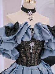 Unique Blue Evening Prom Dress Off Shoulder Satin Lace Long Evening Dress