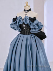 Unique Blue Evening Prom Dress Off Shoulder Satin Lace Long Evening Dress