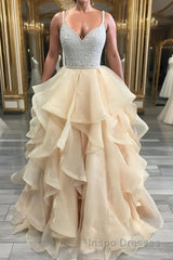 Unique champagne tulle sequin long Evening Prom Dress, champagne evening Dress