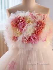 Unique High Low Flower Pink Tulle Sweetheart Evening Prom Dress