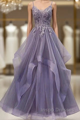 Unique Long Tulle Spaghetti Straps Evening Prom Dress Evening Dress With Lace Applique,