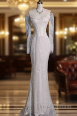Unique Mermaid Off The Shoulder Long Sleeves Wedding Dress Sequin Brides Dress