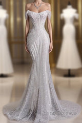 Unique Mermaid Off The Shoulder Sequin Short Sleeves White Wedding Dress Brides Dress