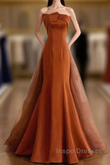 Unique Mermaid Satin Brown Long Evening Prom Dress, Brown Long Evening Dress
