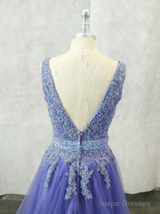 Unique V Neck Tulle Lace Applique Long Prom Dress, Tulle Evening Dress