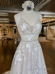 Unique v neck tulle lace long Evening Prom Dress, lace wedding Dress