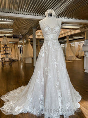 Unique v neck tulle lace long Evening Prom Dress, lace wedding Dress