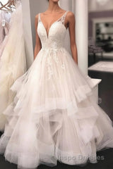Unique v neck tulle lace long Evening Prom Dress, tulle lace wedding Dress