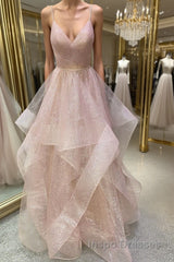 Unique v neck tulle sequin long Evening Prom Dress sequin formal Dress