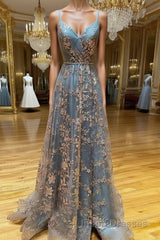 Unique v neck tulle sequin long Evening Prom Dress, sequin long evening Dress