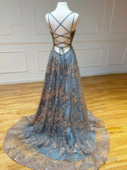 Unique v neck tulle sequin long Evening Prom Dress, sequin long evening Dress