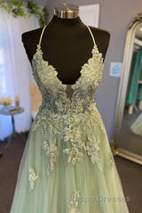 V Neck A Line Green Tulle Long Evening Prom Dress With Applique