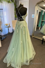 V Neck A Line Green Tulle Long Evening Prom Dress With Applique