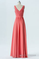 V Neck and V Back High Low Coral Chiffon Long Evening Prom Dress, Long Coral Formal Evening Bridesmaid Dress with Slit