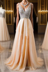 V Neck And V Back Sequins Chiffon Evening Prom Dress, Long Formal Dress, Evening Dress