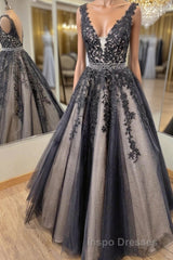 V Neck Backless Black Lace Long Evening Prom Dress, Black Lace Formal Dress, Black Evening Dress