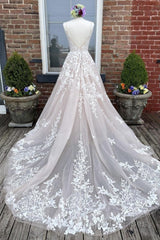 V Neck Backless Champagne Lace Appliques Long Evening Prom Dress, Champagne Lace Formal Evening Dress