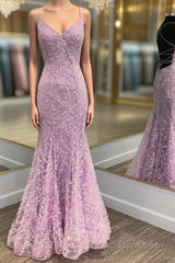 V Neck Backless Mermaid Purple Lace Long Evening Prom Dress, Mermaid Purple Formal Dress, Purple Lace Evening Dress