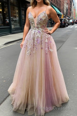 V Neck Backless Pink Lace Floral Long Evening Prom Dress, Pink Lace Formal Dress, Pink Evening Dress