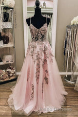 V Neck Backless Pink Lace Long Evening Prom Dress, Long Pink Lace Formal Evening Dress