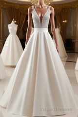 V Neck Backless White Evening Prom Dress With Beads, V Neck Formal Dress, White Evening Dress