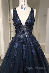 V Neck Beaded Black Lace Appliques Long Evening Prom Dress, Black Lace Formal Graduation Evening Dress