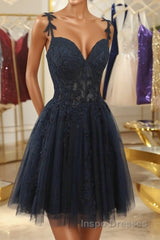 V Neck Beaded Navy Blue Lace Evening Prom Dress, Navy Blue Lace Homecoming Dress, Short Navy Blue Formal Graduation Evening Dress