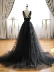 V Neck Black Tulle A Line  Evening Prom Dress