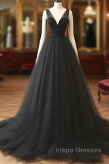 V Neck Black Tulle A Line  Evening Prom Dress
